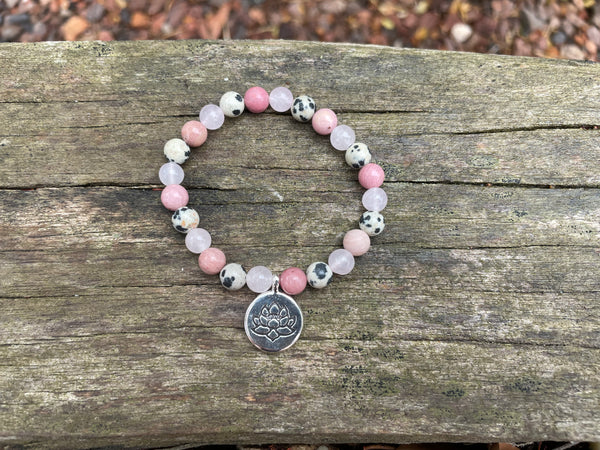 Bracelet élastique Triple protection de Lithothérapie  Quartz Rose, Jaspe Dalmatien et rhodochrosite