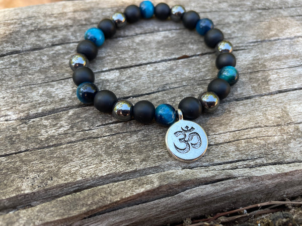 Bracelet élastique de Lithothérapie "Triple Protection" Oeil de Tigre turquoise, Hématite et Onyx noire
