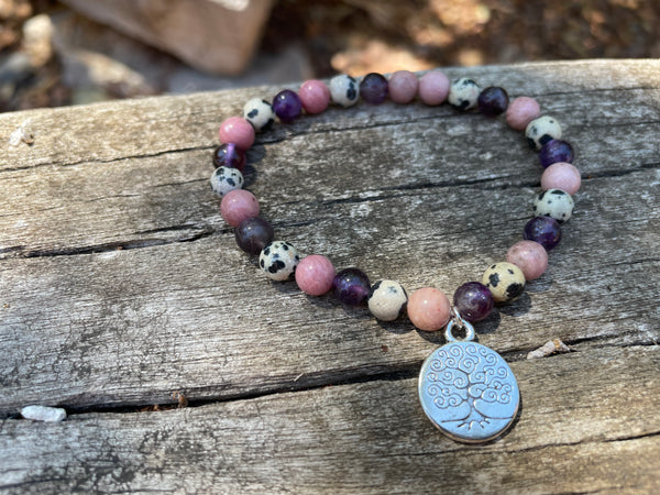 Bracelet élastique Triple protection de Lithothérapie Améthyste, Jaspe Dalmatien et rhodochrosite