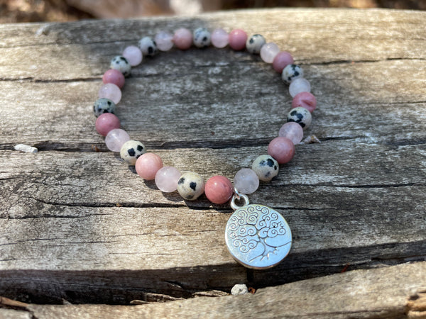 Bracelet élastique Triple protection de Lithothérapie  Quartz Rose, Jaspe Dalmatien et rhodochrosite