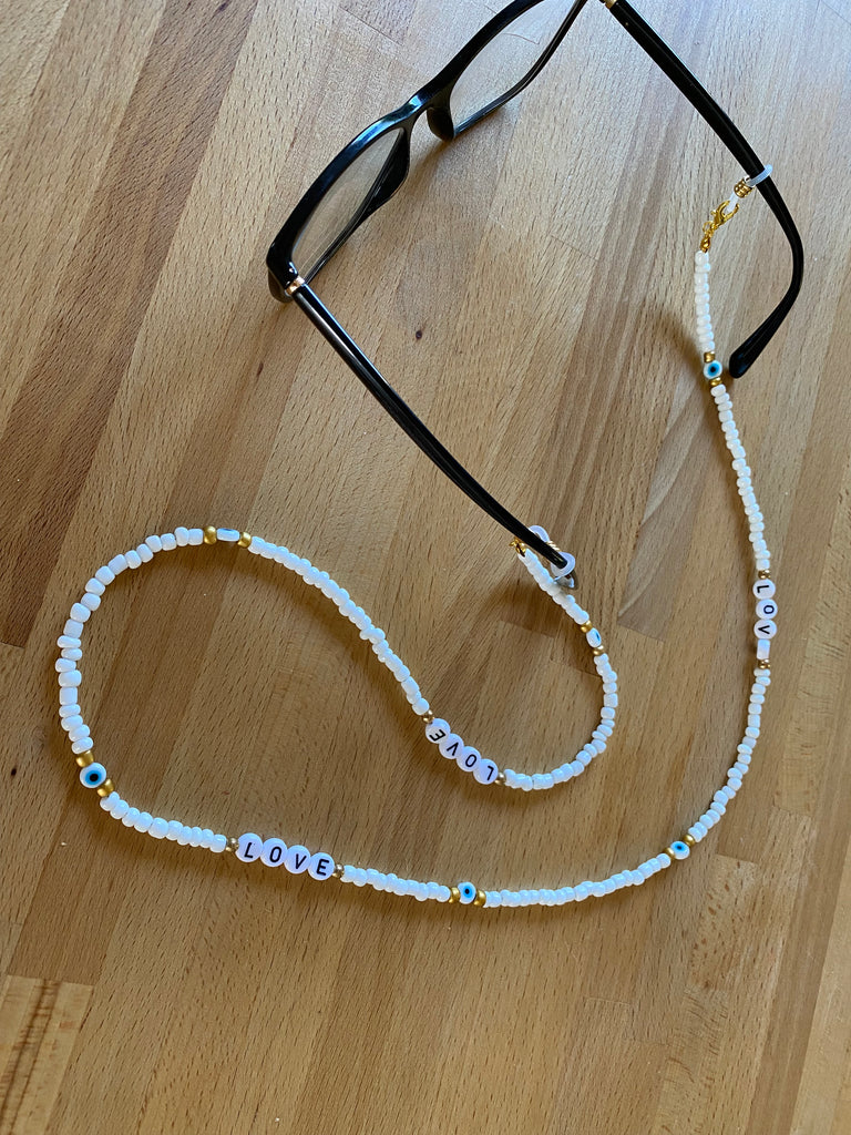 Chaîne cordons à lunettes de soleil, perles blanches et Oeil Turc Naza –  boutique bohème