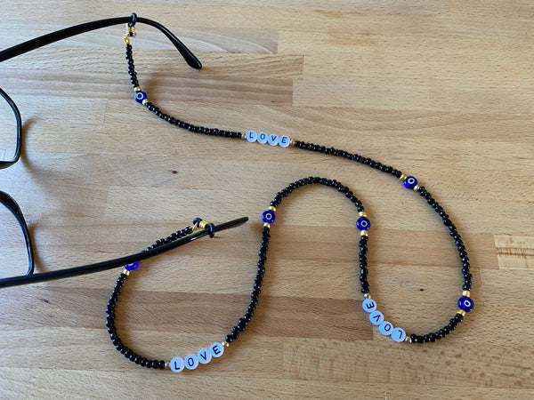 Chaîne, cordon à lunettes de soleil, perles noires et Oeil Turc Nazar Boncuk