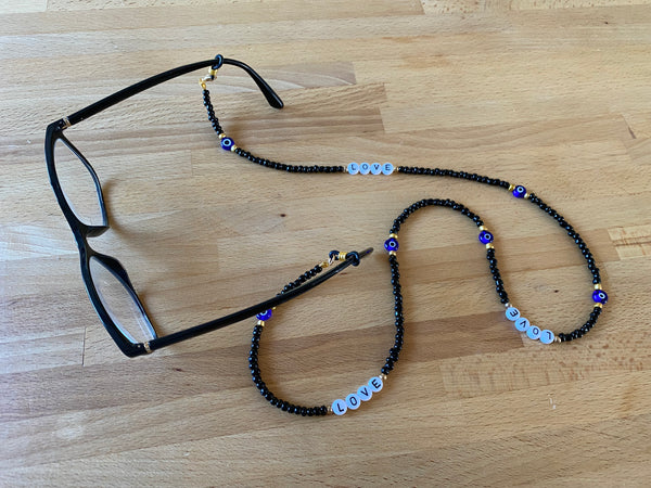 Chaîne, cordon à lunettes de soleil, perles noires et Oeil Turc Nazar Boncuk