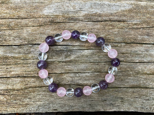 Bracelet élastique de Lithothérapie "Triple Protection" Quartz Rose, Cristal de Roche et Améthyste
