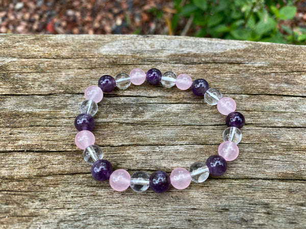 Bracelet élastique de Lithothérapie "Triple Protection" Quartz Rose, Cristal de Roche et Améthyste