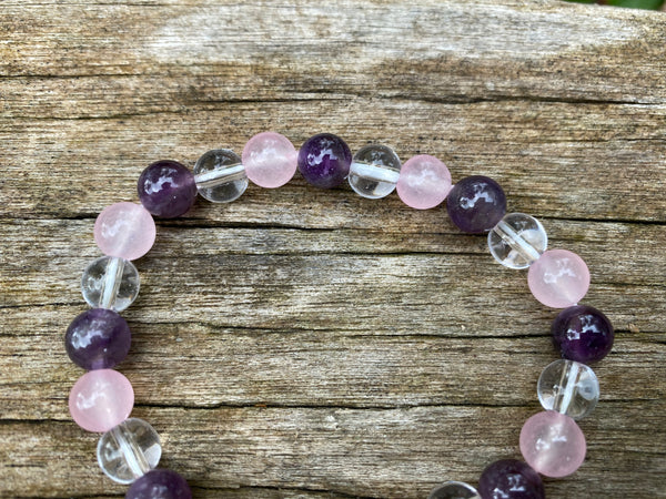 Bracelet élastique de Lithothérapie "Triple Protection" Quartz Rose, Cristal de Roche et Améthyste