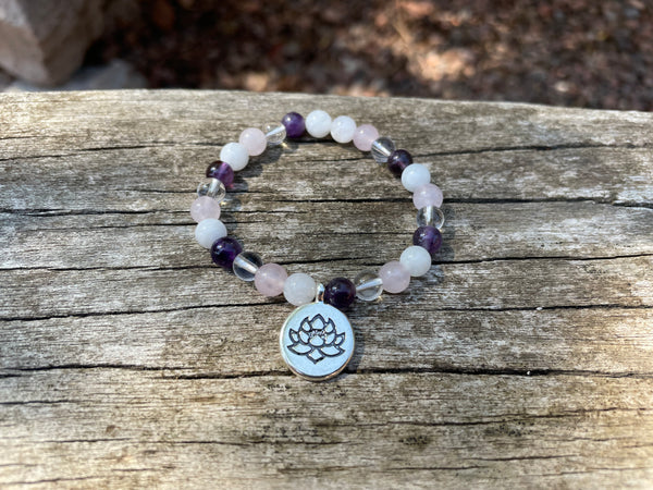 Bracelet élastique de Lithothérapie Multipierres Pierre de Lune, Quartz Rose, Cristal de Roche et Améthyste