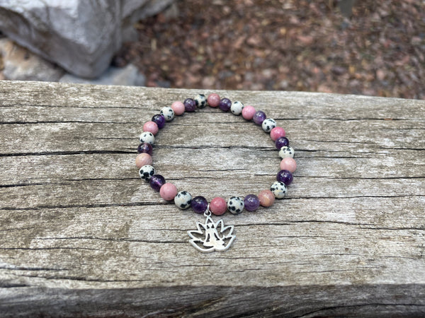 Bracelet élastique Triple protection de Lithothérapie Améthyste, Jaspe Dalmatien et rhodochrosite