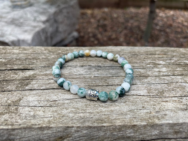 Bracelet élastique de Lithothérapie en Agate arbre Tête bouddha argentée