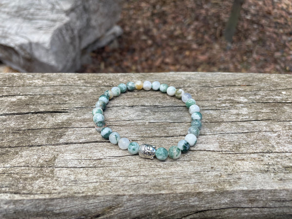 Bracelet élastique de Lithothérapie en Agate arbre Tête bouddha argentée