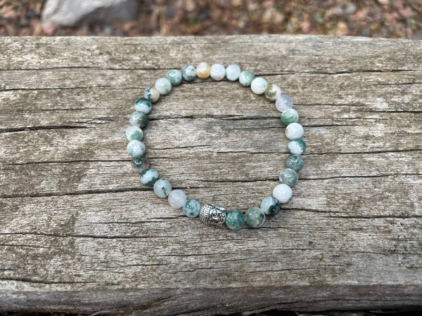 Bracelet élastique de Lithothérapie en Agate arbre Tête bouddha argentée
