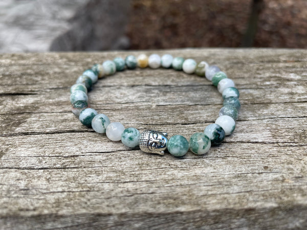 Bracelet élastique de Lithothérapie en Agate arbre Tête bouddha argentée