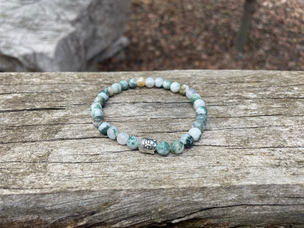 Bracelet élastique de Lithothérapie en Agate arbre Tête bouddha argentée