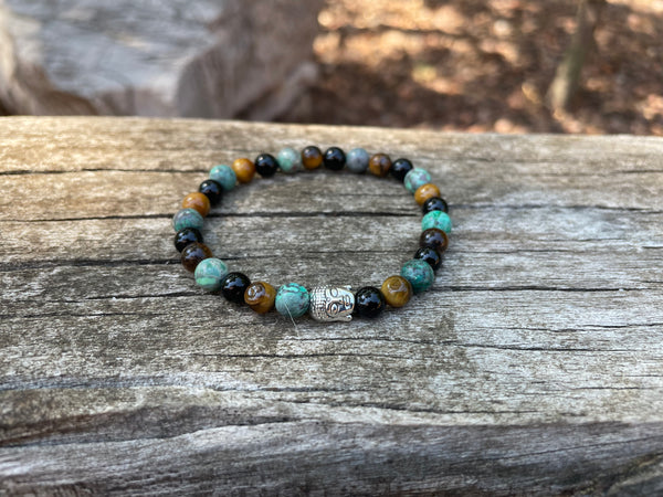 Bracelet élastique de Lithothérapie "Triple Protection" Oeil de Tigre, Turquoise Africaine et Onyx noire