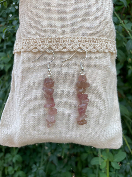 Boucles d'oreilles pendantes en Quartz Fraise, perles chips