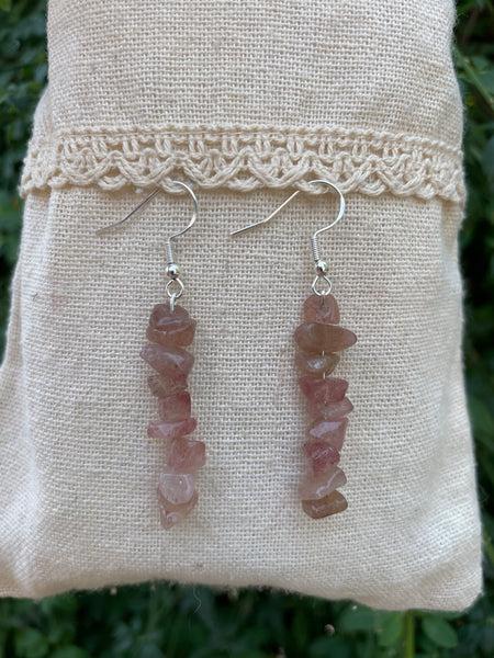 Boucles d'oreilles pendantes en Quartz Fraise, perles chips