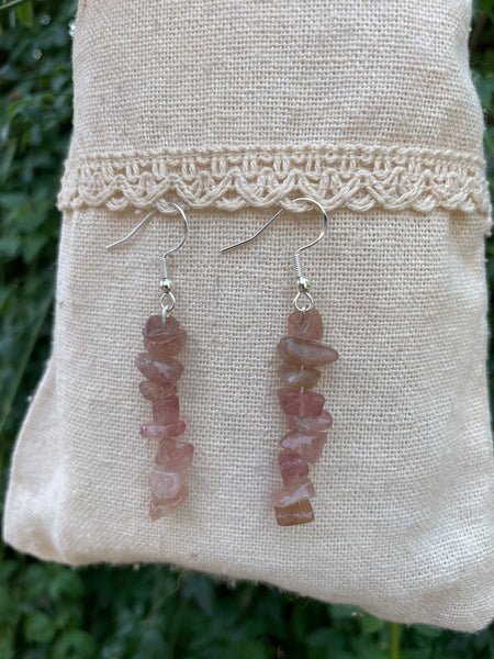 Boucles d'oreilles pendantes en Quartz Fraise, perles chips