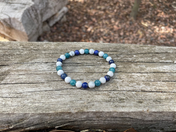 Bracelet élastique de lithothérapie "Triple protection" en Howlite Blanche, Lapis Lazuli et Apatite naturelle 6 mm