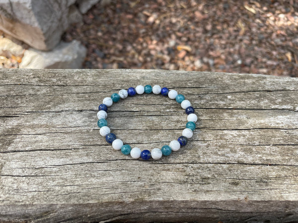 Bracelet élastique de lithothérapie "Triple protection" en Howlite Blanche, Lapis Lazuli et Apatite naturelle 6 mm