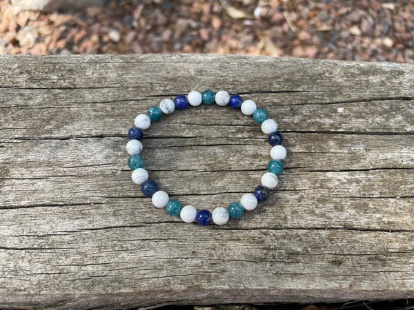 Bracelet élastique de lithothérapie "Triple protection" en Howlite Blanche, Lapis Lazuli et Apatite naturelle 6 mm