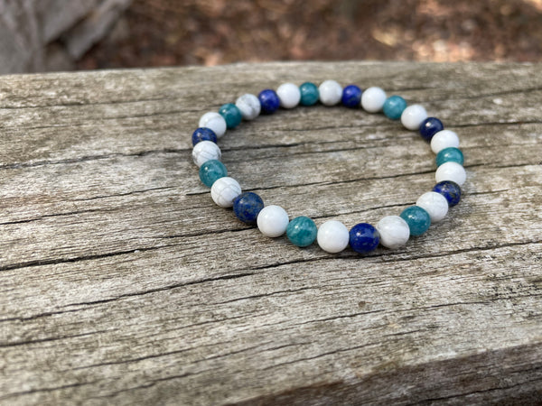 Bracelet élastique de lithothérapie "Triple protection" en Howlite Blanche, Lapis Lazuli et Apatite naturelle 6 mm