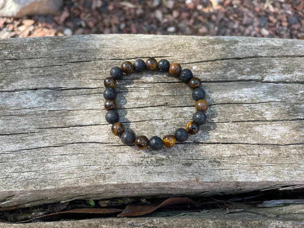 Bracelet élastique de Lithothérapie en Oeil de Tigre et Pierre de Lave