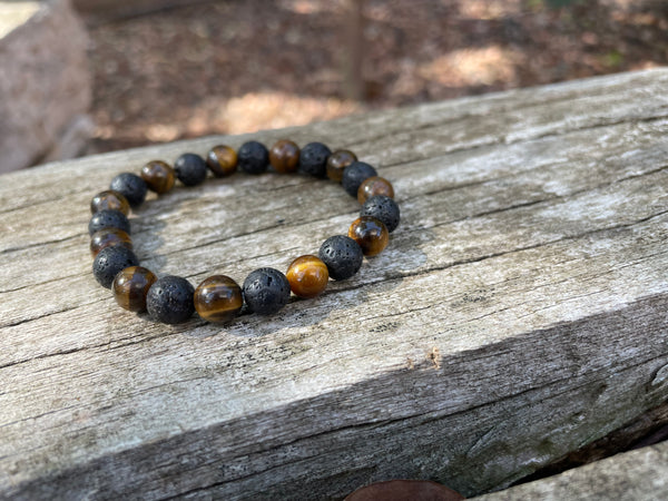 Bracelet élastique de Lithothérapie en Oeil de Tigre et Pierre de Lave