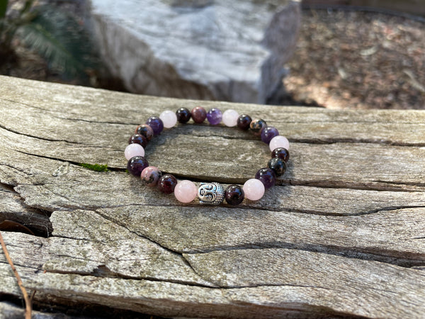 Bracelet élastique de Lithothérapie "Quatre protections" Quartz Rose, Grenat, Rhodonite Améthyste
