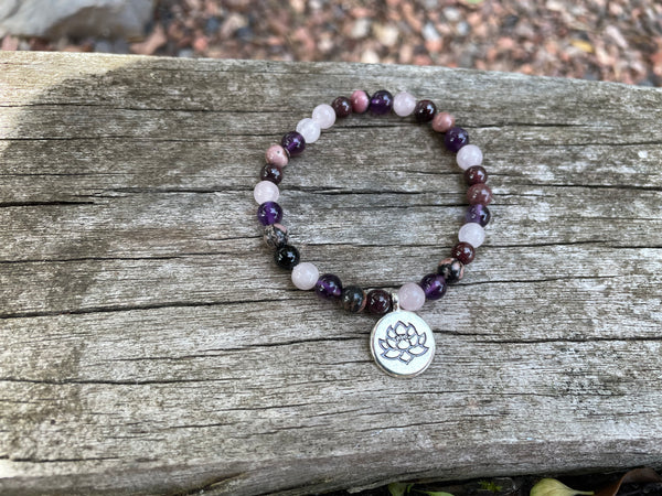 Bracelet élastique de Lithothérapie "Quatre protections" Quartz Rose, Grenat, Rhodonite Améthyste