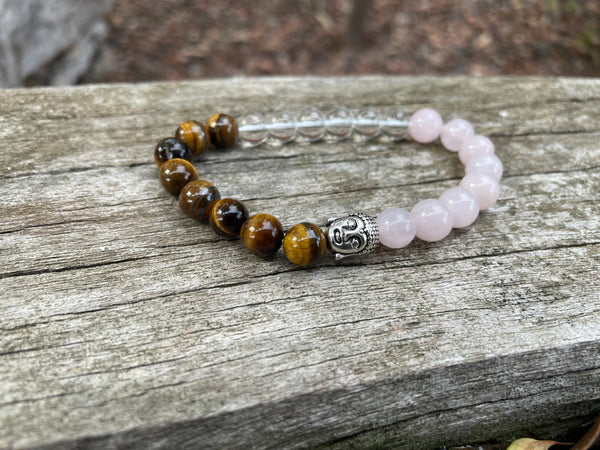 Bracelet élastique de Lithothérapie "Triple Protection" Oeil de tigre, Quartz Rose et Cristal de Roche
