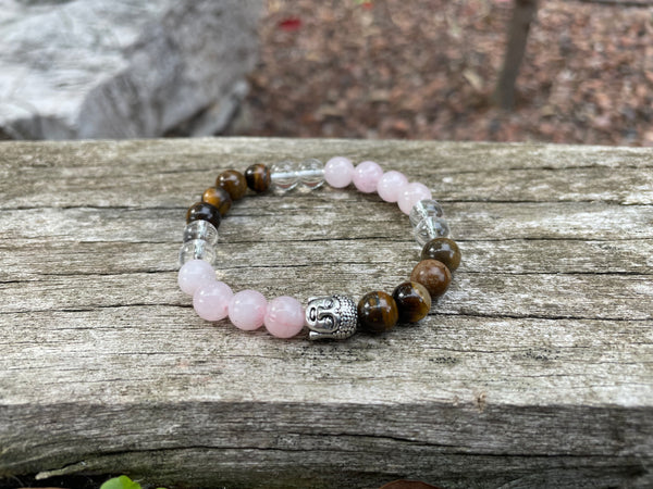 Bracelet élastique de Lithothérapie "Triple Protection" Oeil de tigre, Quartz Rose et Cristal de Roche