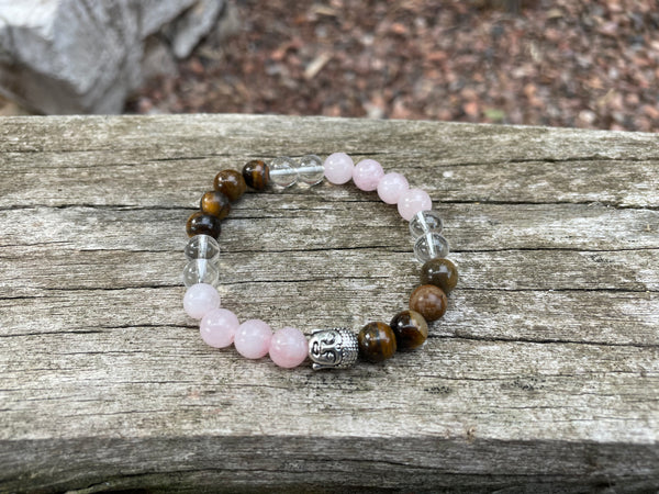 Bracelet élastique de Lithothérapie "Triple Protection" Oeil de tigre, Quartz Rose et Cristal de Roche