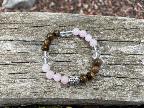 Bracelet élastique de Lithothérapie "Triple Protection" Oeil de tigre, Quartz Rose et Cristal de Roche