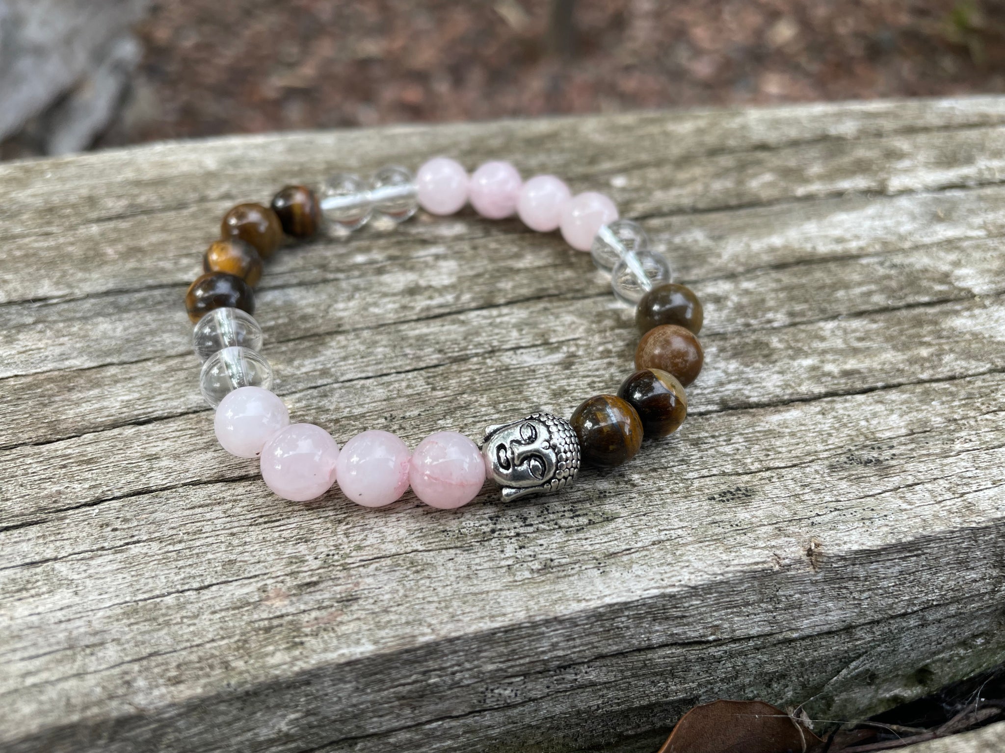 Bracelet élastique de Lithothérapie "Triple Protection" Oeil de tigre, Quartz Rose et Cristal de Roche
