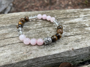 Bracelet élastique de Lithothérapie "Triple Protection" Oeil de tigre, Quartz Rose et Cristal de Roche