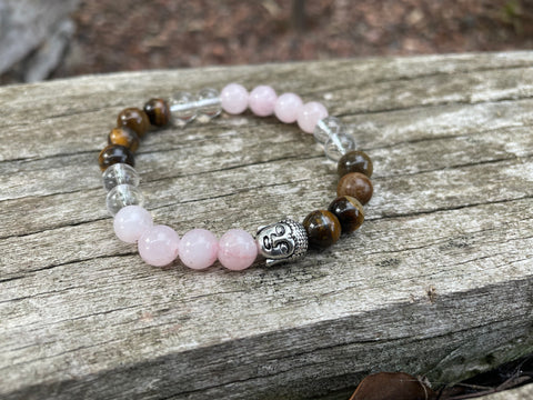 Bracelet élastique de Lithothérapie "Triple Protection" Oeil de tigre, Quartz Rose et Cristal de Roche