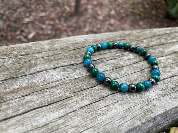 Bracelet de lithothérapie en Malachite, Hématite et Apatite 6mm