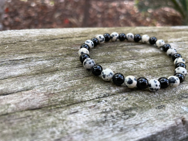 Bracelet élastique en Agate noire/Onyx  et Jaspe Dalmatien