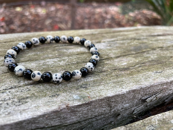 Bracelet élastique en Agate noire/Onyx  et Jaspe Dalmatien