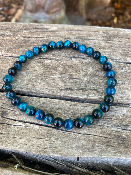 Bracelet élastique de Lithothérapie en Oeil de Tigre bleu Turquoise