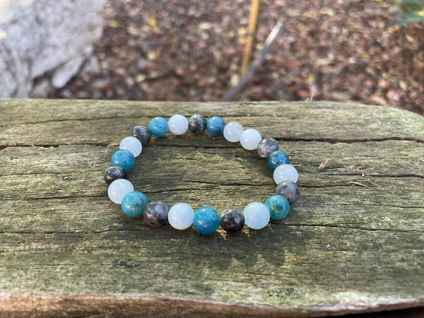 Bracelet élastique de lithothérapie "Triple protection" en Labradorite, Aigue Marine et Apatite naturelle