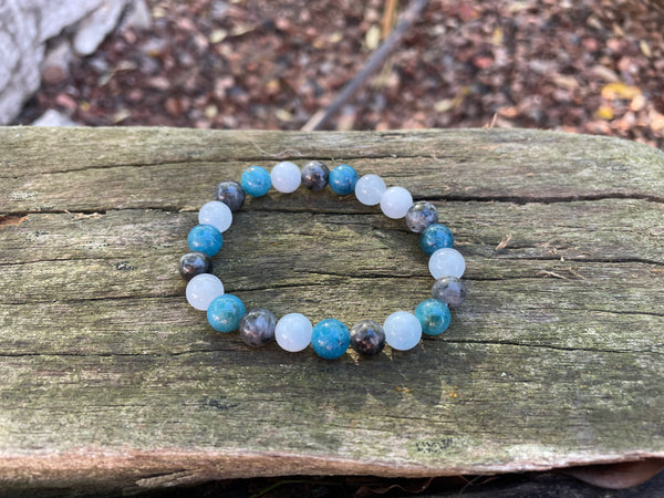 Bracelet élastique de lithothérapie "Triple protection" en Labradorite, Aigue Marine et Apatite naturelle