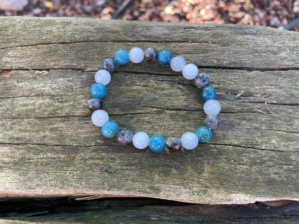 Bracelet élastique de lithothérapie "Triple protection" en Labradorite, Aigue Marine et Apatite naturelle