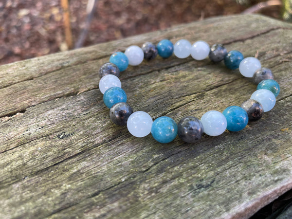 Bracelet élastique de lithothérapie "Triple protection" en Labradorite, Aigue Marine et Apatite naturelle