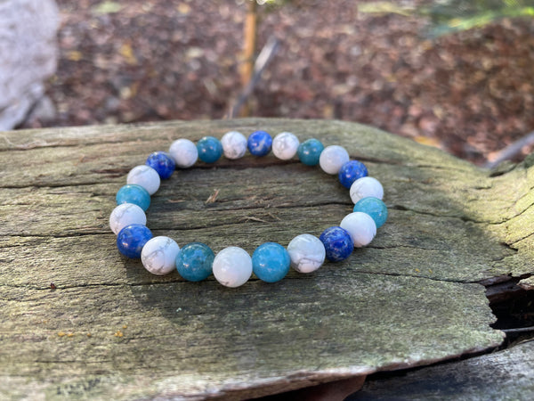 Bracelet élastique de lithothérapie "Triple protection" en Howlite Blanche, Lapis Lazuli et Apatite naturelle 8 mm