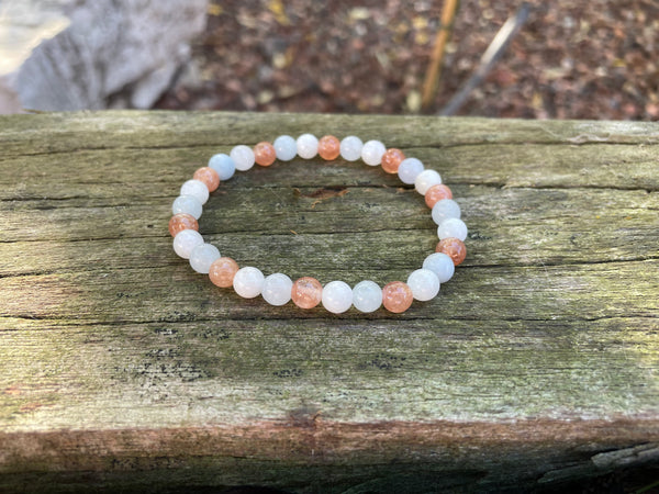 Bracelet élastique de Lithothérapie en Pierre de Lune, Pierre du Soleil et Aigue Marine