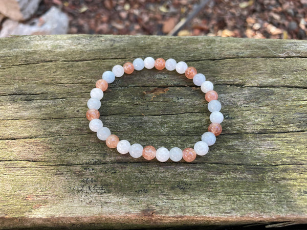 Bracelet élastique de Lithothérapie en Pierre de Lune, Pierre du Soleil et Aigue Marine