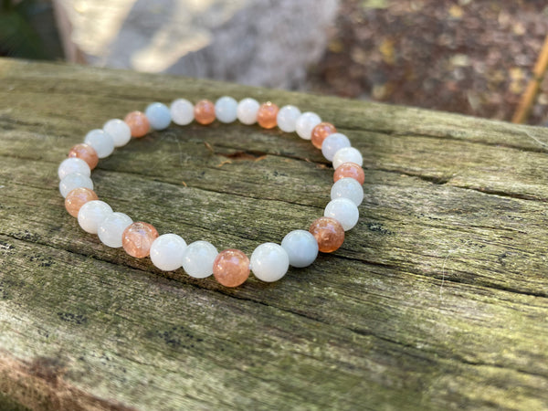 Bracelet élastique de Lithothérapie en Pierre de Lune, Pierre du Soleil et Aigue Marine