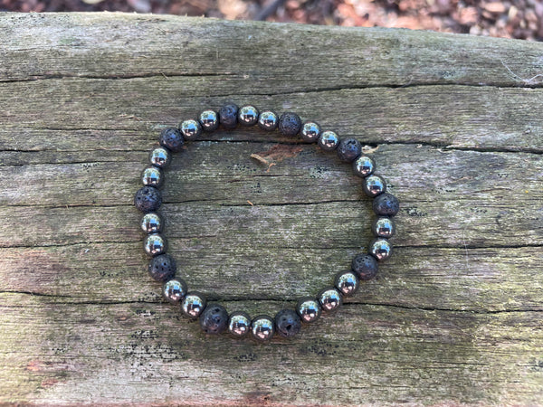 Bracelet élastique de Lithothérapie en Pierre de lave et Hématite