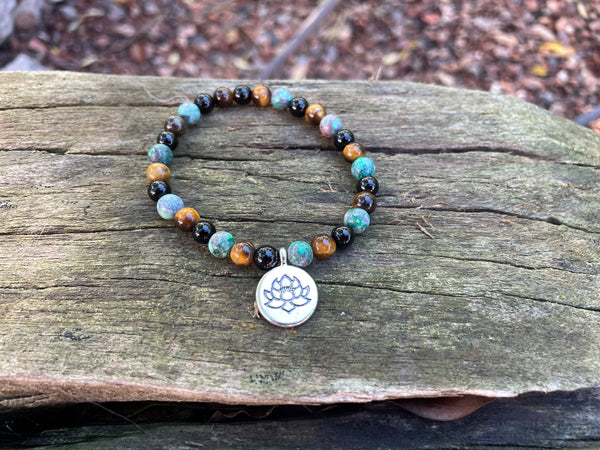 Bracelet élastique de Lithothérapie "Triple Protection" Oeil de Tigre, Turquoise Africaine et Onyx noire